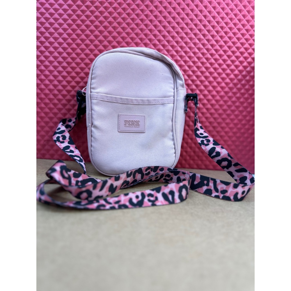 Victorias Secret PINK Crossbody Bag Pink Canvas Leopard Print Strap Small Purse